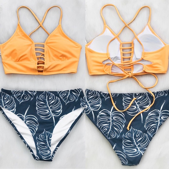 yellow and leaves print bikini